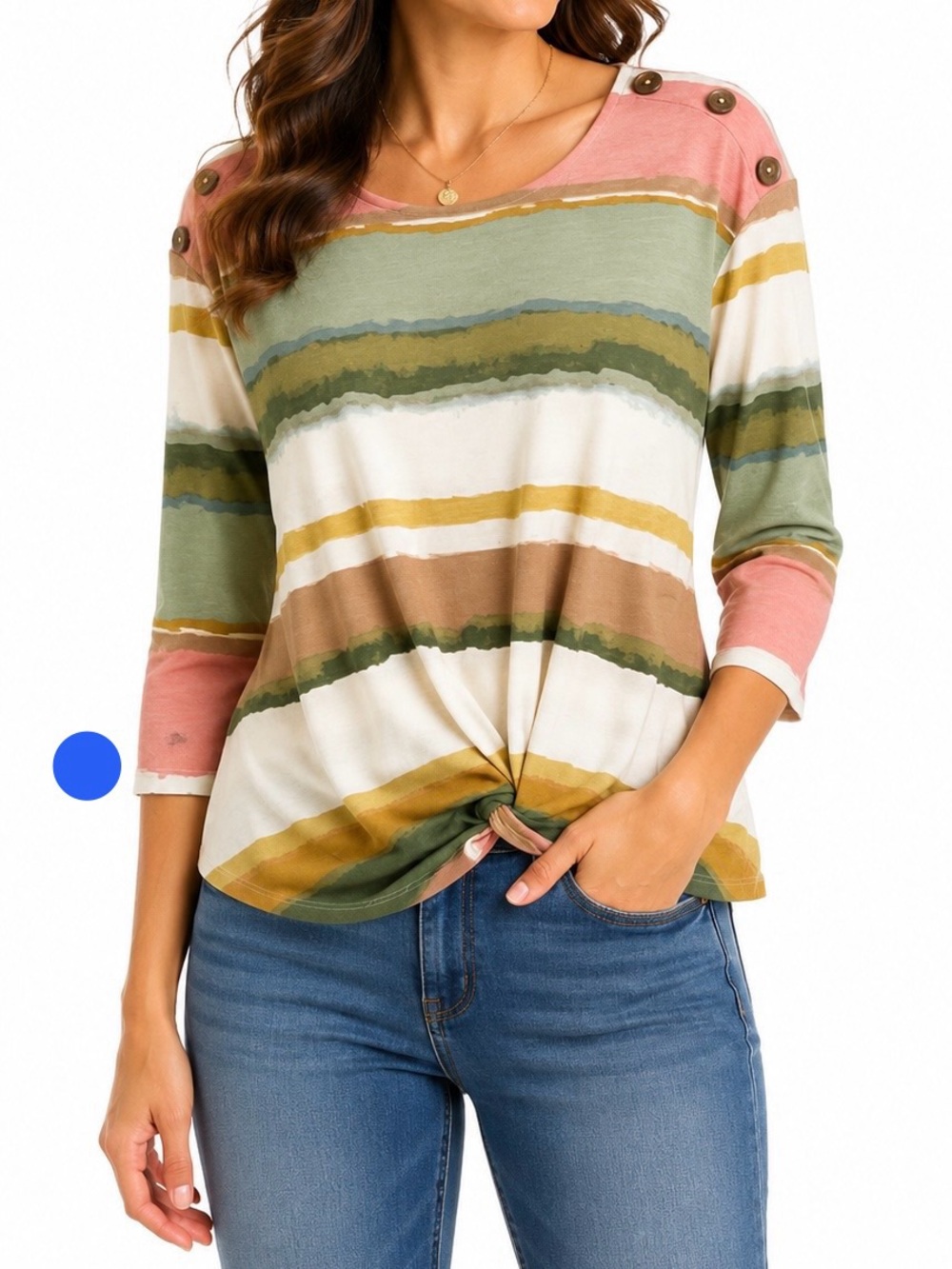 Tru Self Petite Small Striped Twist Front Top 3/4 Sleeve Button Shoulder